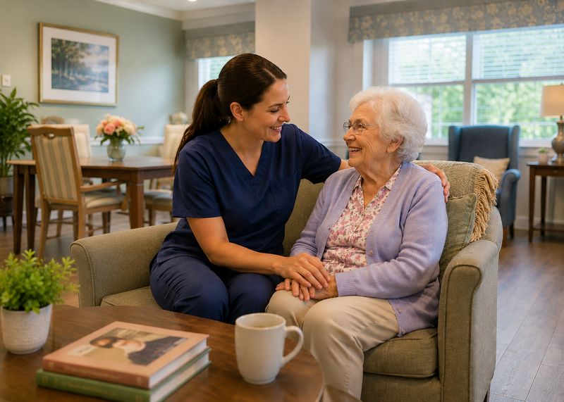 Caring staff with resident at The Waters of Columbia City